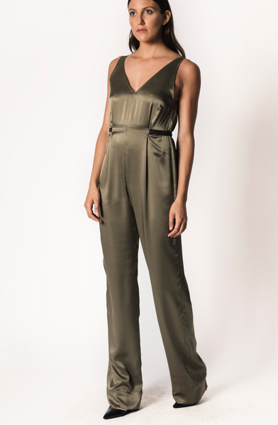 Olive Silk Jumpsuit with leather belted waist