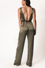 Olive Silk Jumpsuit with leather belted waist (open back)